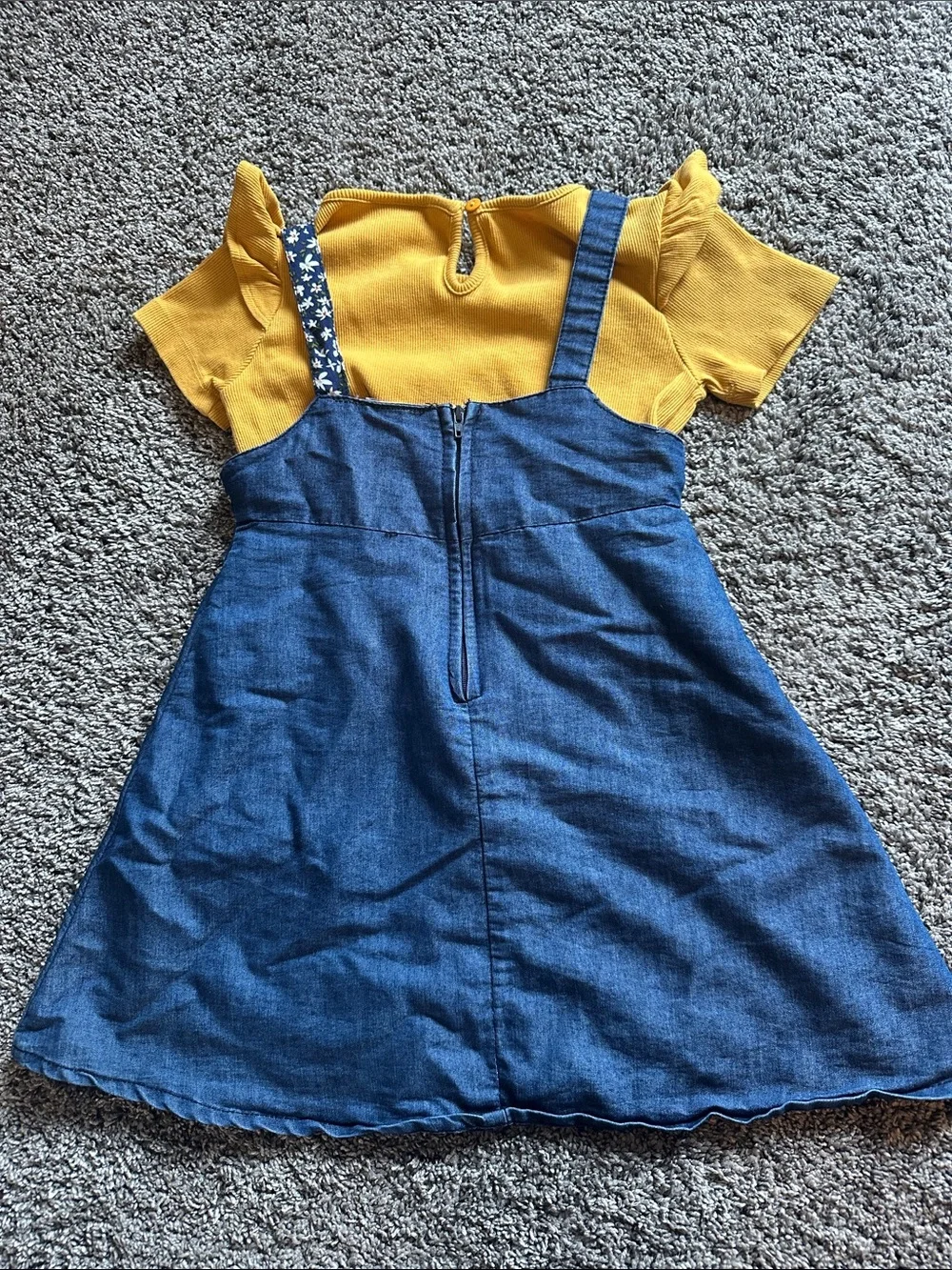 Blue Floral Patchwork Pinafore Dress with Mustard Top - Kids